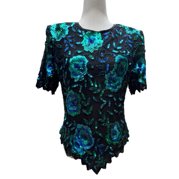 Laurence Kazar Vintage Sequin Silk Beaded Top Medium Floral Glam 80s 90s Party - Picture 15 of 15